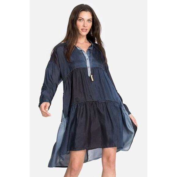 Johnny Was Pete & Greta Silk Tiered Long Sleeve Baby Doll Midi Dress, Small - Picture 2 of 8